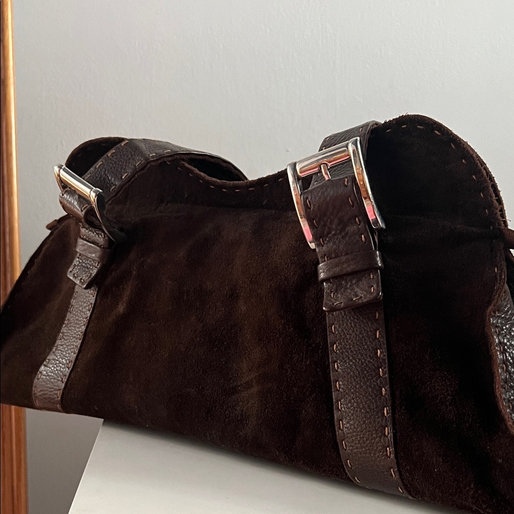 Carla Mancini brown suede “baguette” bag with elegant silver buckles